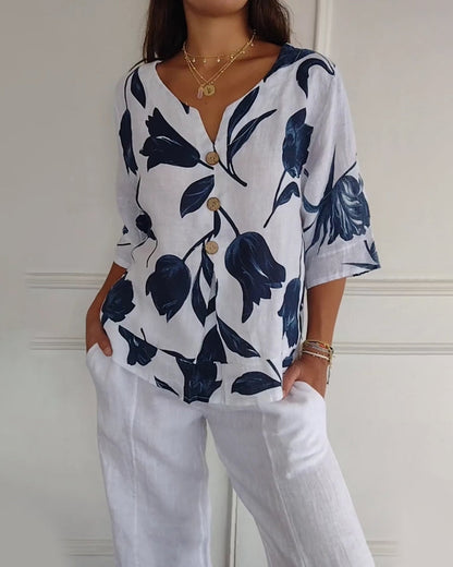 Luné® | Amélie — Elegante Katoen-Linnen Top met Bloemenprint