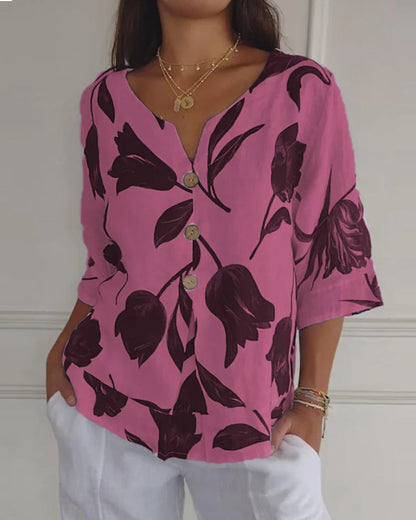 Luné® | Amélie — Elegante Katoen-Linnen Top met Bloemenprint
