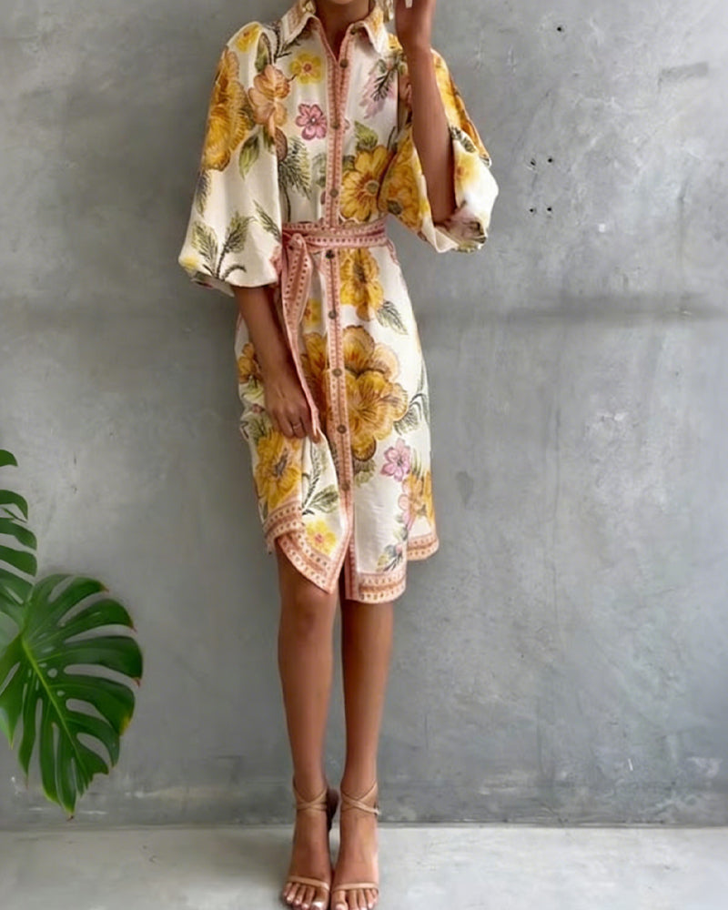 Luné® | Camille — Elegante Jurk met Geribbelde Kraag & Volumineuze Mouwen