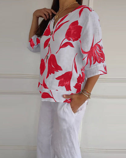 Luné® | Amélie — Elegante Katoen-Linnen Top met Bloemenprint