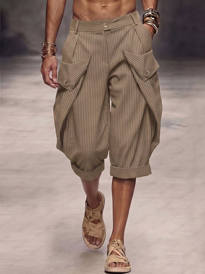 Casual Pinstripe Rolled Hem Cargo Shorts