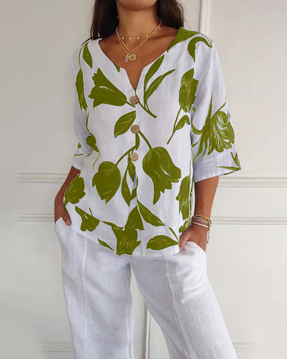 Luné® | Amélie — Elegante Katoen-Linnen Top met Bloemenprint
