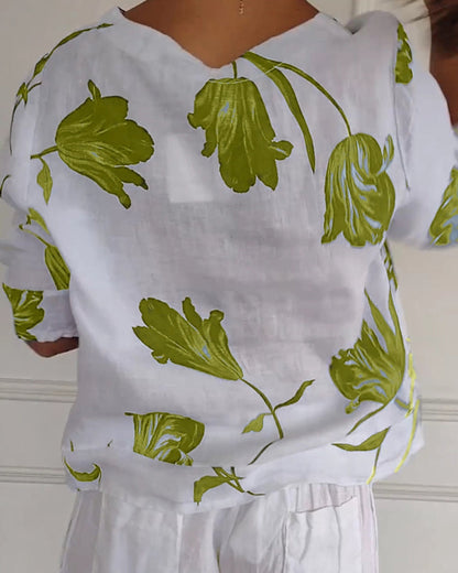 Luné® | Amélie — Elegante Katoen-Linnen Top met Bloemenprint